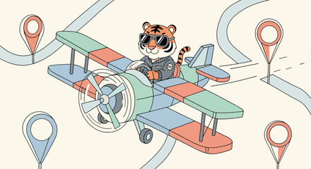 Tiger pilot flying vintage biplane along navigation route with location pin markers in cartoon illustration style pastel color palette © Nur