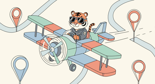 Tiger pilot flying vintage biplane along navigation route with location pin markers in cartoon illustration style pastel color palette
