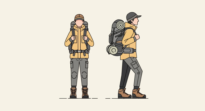 Vector art of a man with a hiking backpack in a jacket and hat shown from front and side view wearing outdoor gear with boots