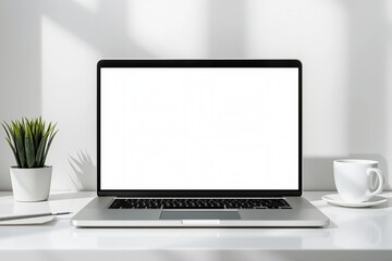 Fototapeta premium Laptop mockup with blank white screen on white office desk