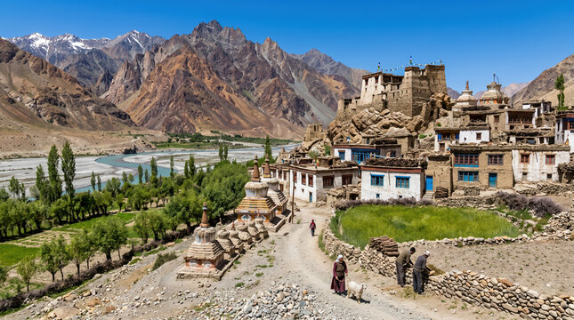 Zangla village with monastery and fields in Zanskar valley landscape