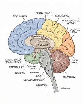 Detailed anatomical cross section of the human brain with labeled regions representing neurological science