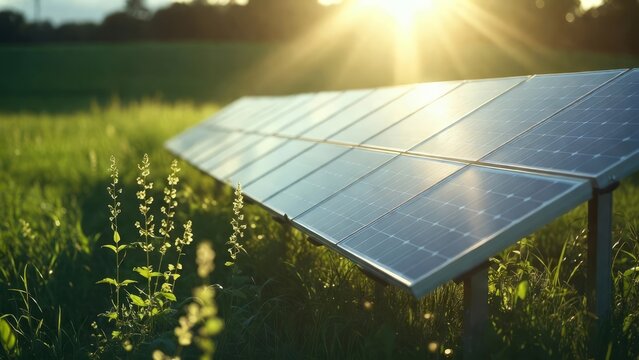 Sustainable solar panels on green grass field at sunset representing renewable energy