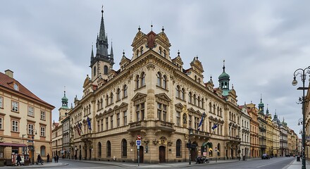 Obraz premium Ornate historic corner building in Prague's Old Town Square with church towers and classical architecture.