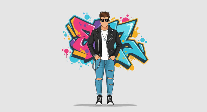 Vector illustration of a stylish man in black leather jacket posing against vibrant graffiti art; urban fashion design for print