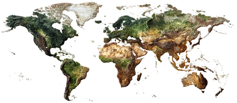 A digitally rendered world map. Landmasses are colored with naturalistic textures of terrain
