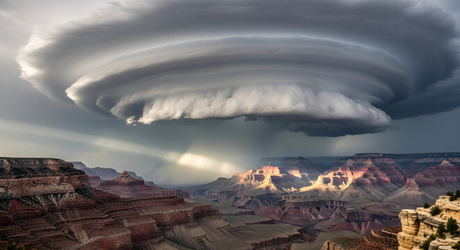 Massive arizona monsoon storm cloud over Grand Canyon landscape
