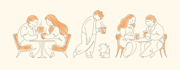 Fototapeta premium Three scenes featuring a couple drinking coffee together at table person pouring morning coffee and intimate conversation moment Line art vector illustration
