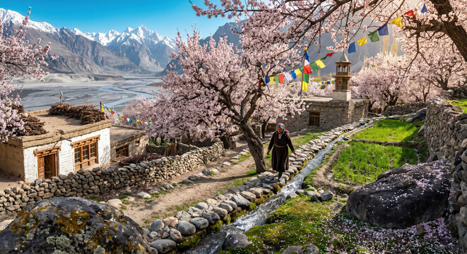Turtuk village with apricot blossoms and irrigation channel in Ladakh