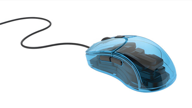 Transparent blue computer mouse with cord on white background