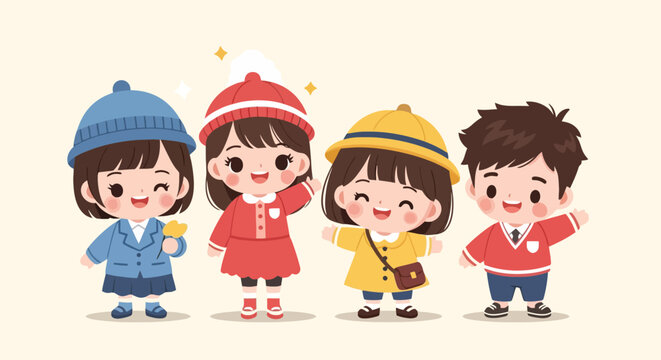 Adorable cartoon children in school uniforms smiling and waving featuring diverse students in cute vector art style on light background