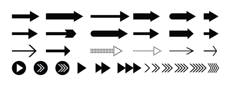 Arrow icon set. Collection of black arrow icons for web design. Black direction pointer. Arrow set. Modern simple arrows collection, different arrow signs, black arrows icons. Vector illustration.