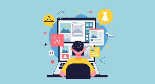 Person using laptop for online shopping and website design with clothing and fashion icons on blue background