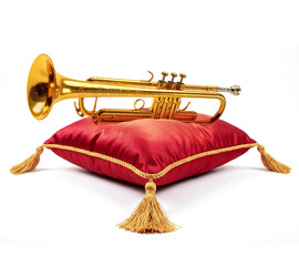 Złota trąbka na czerwonej poduszce królewskiej ze złotymi frędzlami