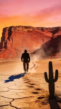 backward cowboy walking in a dessert path at colorado canyon, sunset video