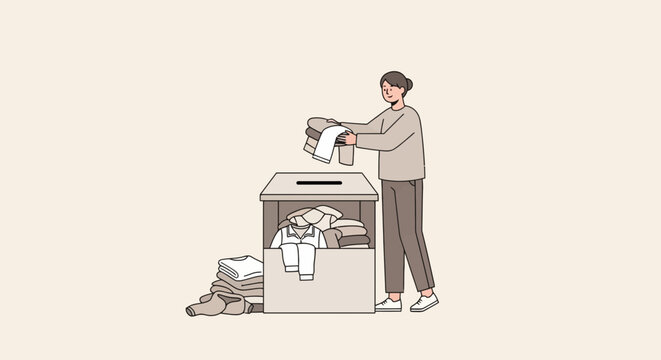 Woman donating clothes to charity box in flat vector style; clothes donation concept in light neutral tones; apparel redistribution