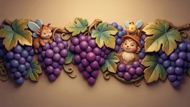 Two critters cheerful peeking among grape clusters on leafy border