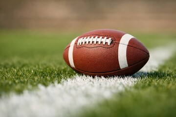 Obraz premium American football resting on the green grass of a field near the sideline