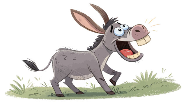 A cartoon donkey is laughing and running in a grassy field with a white background
