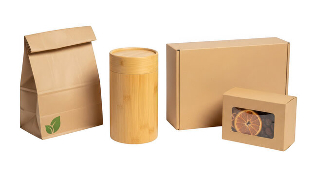 Assorted brown kraft paper mailers and shipping bags in various sizes isolated on white background