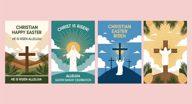 Christian Easter poster collection, resurrection of Jesus Christ artwork, He is Risen Alleluia design, faith celebration graphics, flat vector illustration
