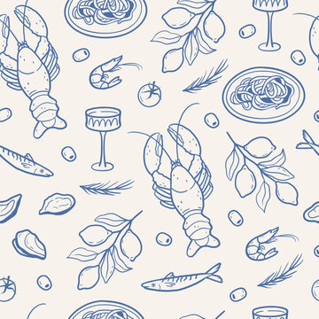 Seafood and pasta seamless pattern in Italian la dolce vita style. Hand drawn vector illustration for kitchen textiles, packaging, restaurant branding.
