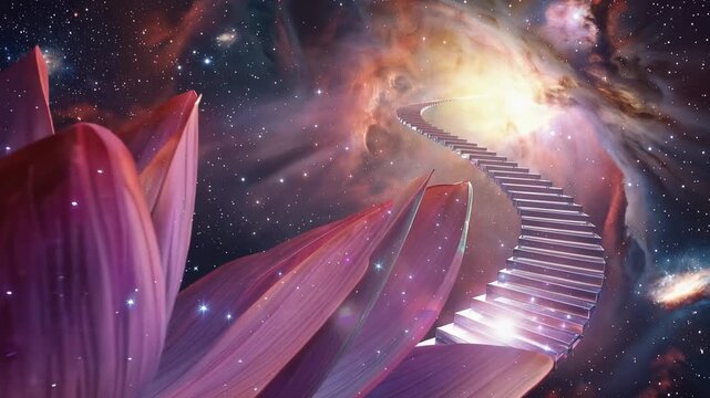 Surreal glowing stairway to heaven rising from a giant beautiful lotus flower into a magical deep space nebula.