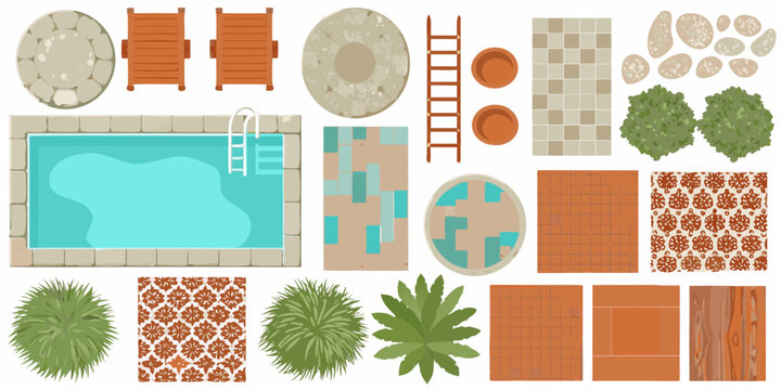 Aerial view of a summer backyard with pool patio and landscaping