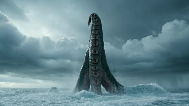 Giant Kraken ancient myth creature emerging from stormy ocean