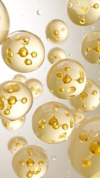 golden essence oil serum bubbles, cosmetic oil bubbles with moving active molecules inside. 4K vertical mobile format.
