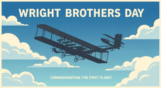 Wright Brothers Day illustration commemorating the first flight with a vintage biplane soaring through clouds retro aviation concept for historical celebration