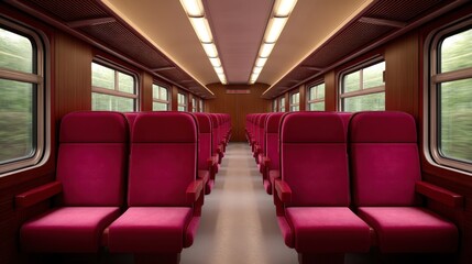 Naklejka premium Spacious vintage train interior with plush red seating, soft lighting, and scenic view from large windows on a tranquil journey through nature