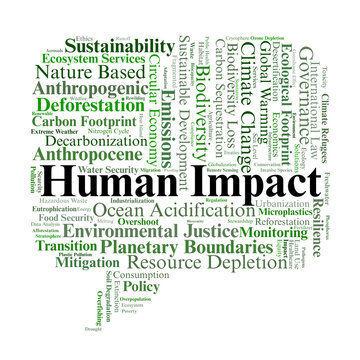 Human Impact Word Cloud. A visual display of key terms regarding the footprint of human activity on Earth, highlighting ecological changes, resource depletion, and global policy responses.
