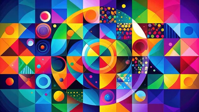 Vibrant geometric abstract with colorful squares and circular elements