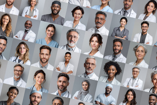 studio portraits of multiethnic doctors and medical workers in uniform, health care concept background
