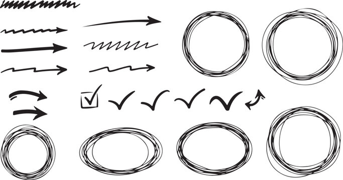 Black Hand-Drawn Doodle Set - Arrows, Circles, and Check Marks Isolated on White