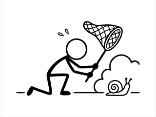 Stick figure chasing a snail with a butterfly net in a cartoon style © Sunnn