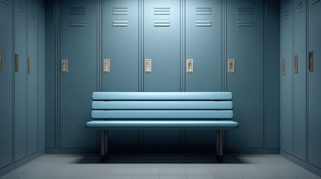 Modern Blue Locker Room with a Simple Bench and Metal Lockers in a School Environment, Perfect for Sports and Education Themes