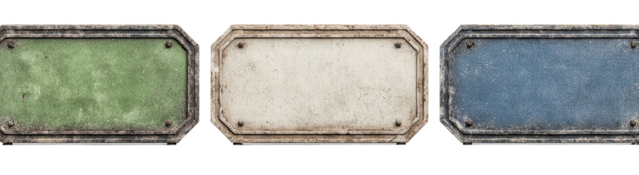 Three weathered rectangular signs, each with a different color, mounted with rivets and metal frames