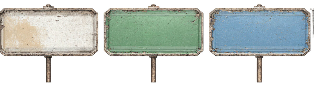Three weathered roadside signs, each with a different color; white, green, and blue. Their frames are aged