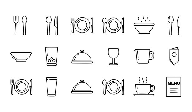 Modern tableware thin line icons vector set with fork knife spoon plate and restaurant menu symbols in clean outline style