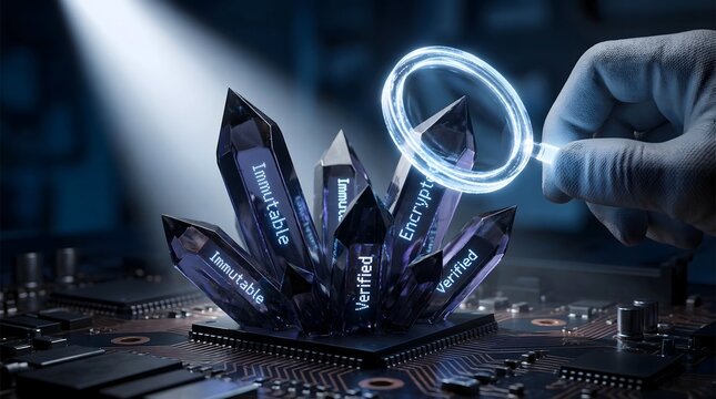 A hand using a glowing magnifying glass to inspect crystal shards labeled with digital concepts