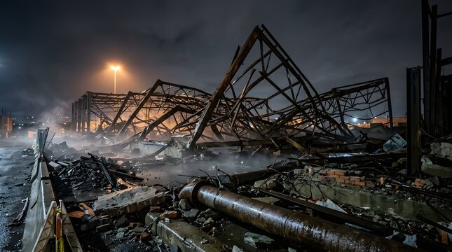 A destroyed industrial building lies in ruins at night with smoke rising and a bright light shining through the dark clouds.
