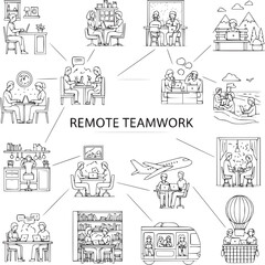 Naklejka premium Hand-drawn illustration of remote teamwork collaboration with digital devices and global connectivity