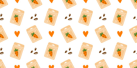 Vector seamless pattern with carrot seed packet, heart, scattered seed in cute flat style. Kawaii print perfect for spring gardening decor, labels, eco packaging. Agriculture, farm repeat background. © Ulyana Mo