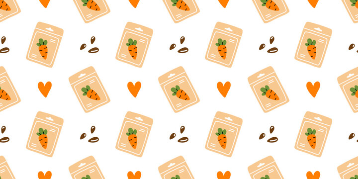 Vector seamless pattern with carrot seed packet, heart, scattered seed in cute flat style. Kawaii print perfect for spring gardening decor, labels, eco packaging. Agriculture, farm repeat background.