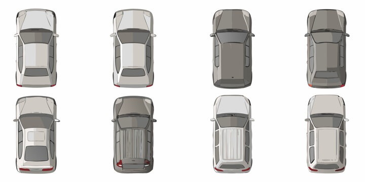 Aerial view of eight identical silver suv vehicles arranged in a grid