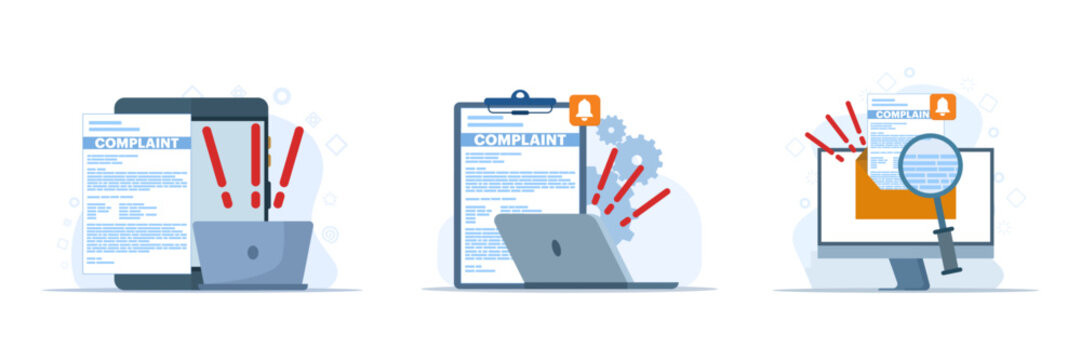 Customer complaint illustration set showing claim process, negative feedback, bad review, and service dissatisfaction with resolution workflow, modern flat vector style.