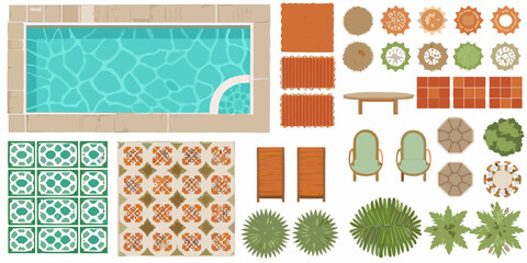 Top down view of a pool and various outdoor furniture elements © Shahabuddin