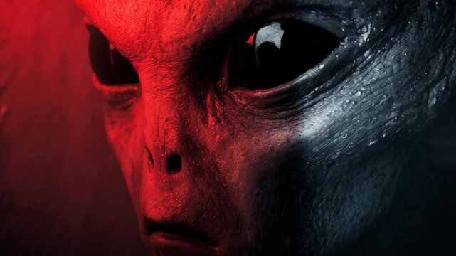 Extraterrestrial creature with large black eyes looking into camera. Scary alien face with red and blue dramatic lighting. Sci-fi horror monster for film project.